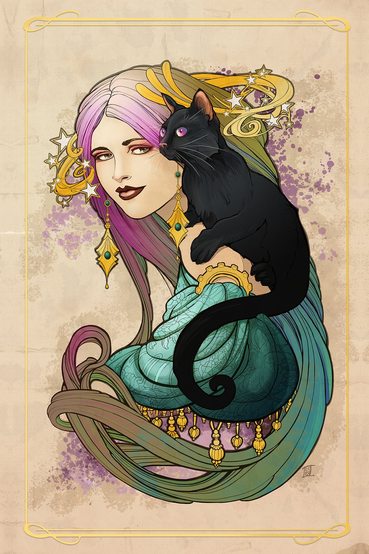 Art Nouveau Girl with Cat