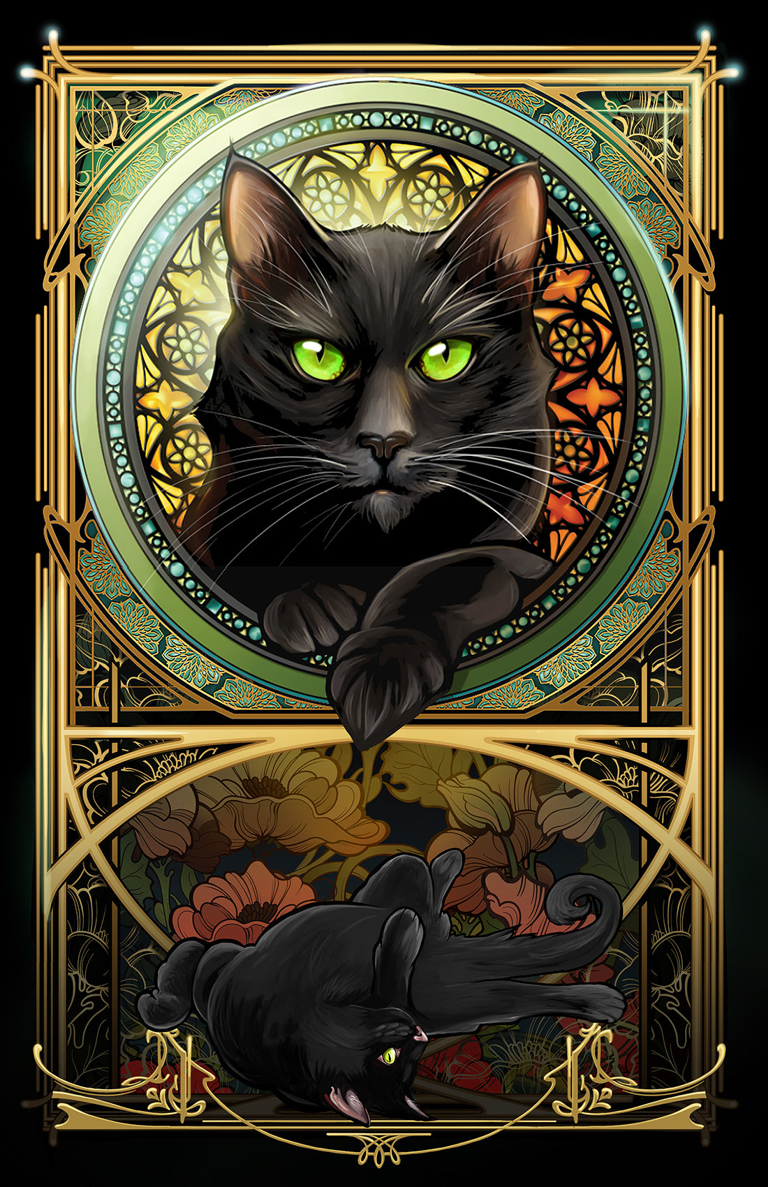 Black Cat - Harvest Rose Window Art Nouveau Print