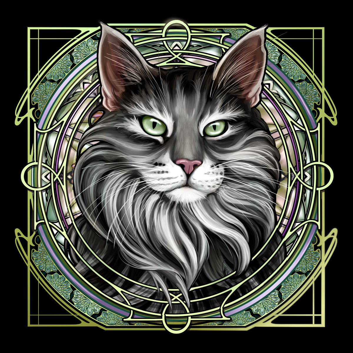 Gray Norwegian Forest Cat - Rose Window Print
