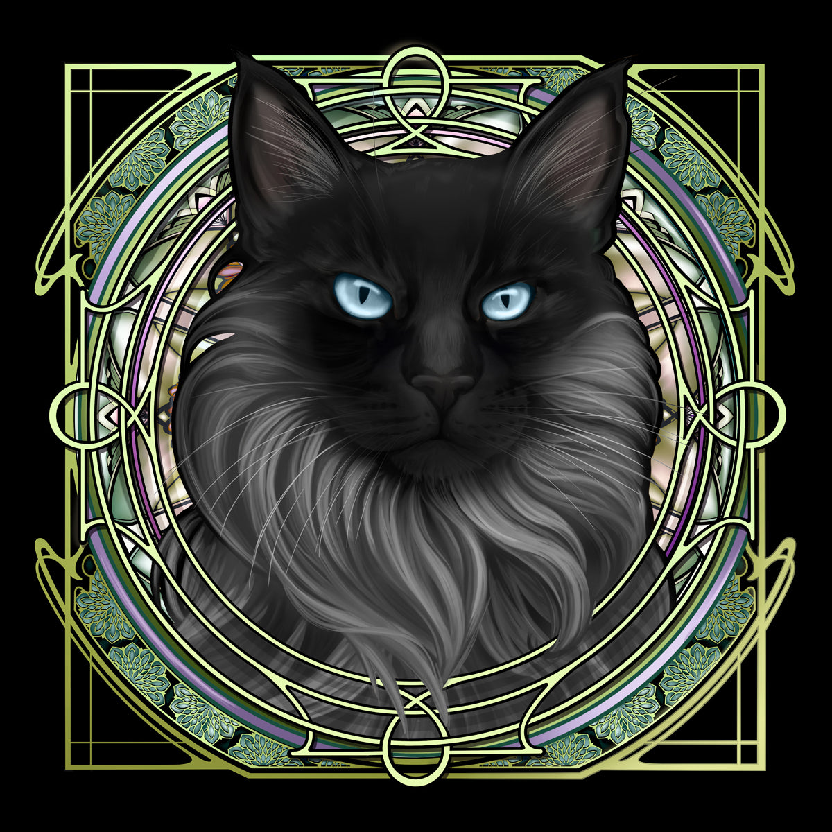 Black Face Gray Norwegian Forest Cat - Rose Window Print