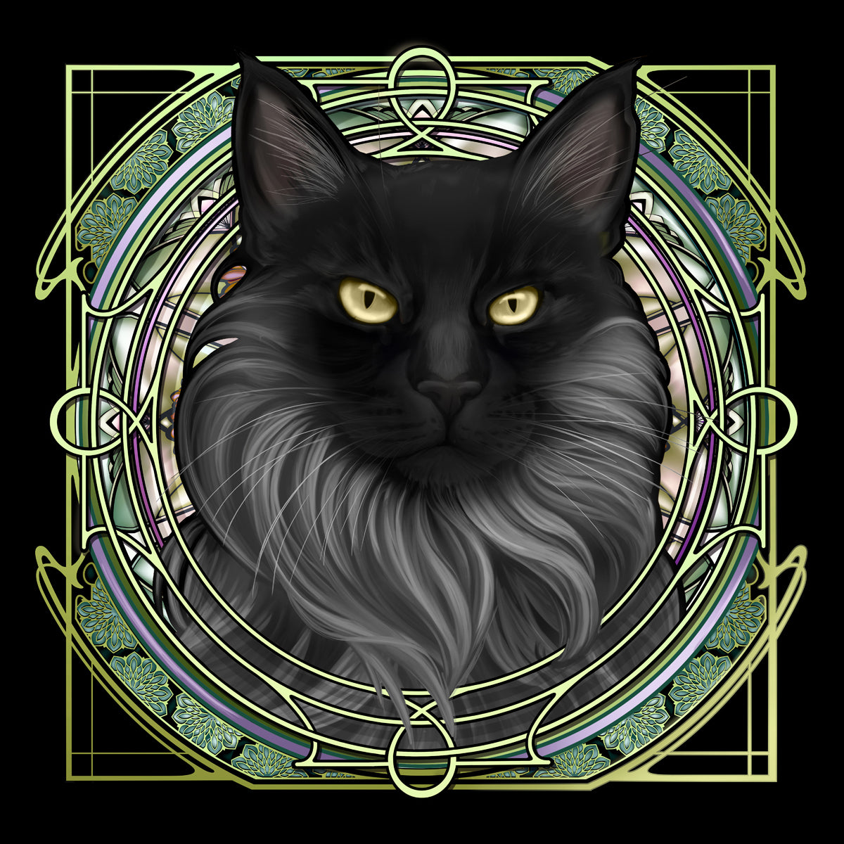 Black Face Gray Norwegian Forest Cat - Rose Window Print