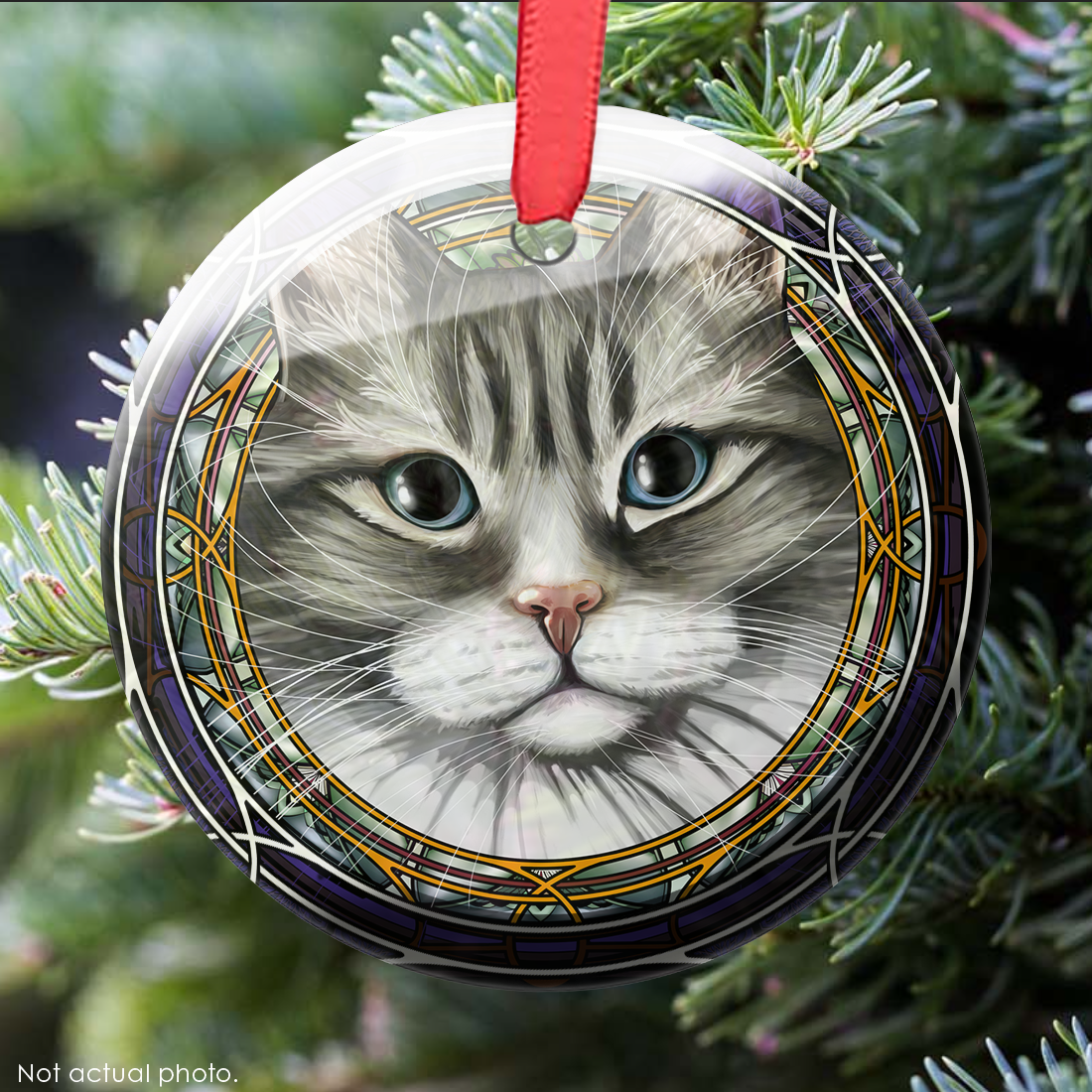 Tabby Tuxedo Dragoneyes Gray Glass Ornament