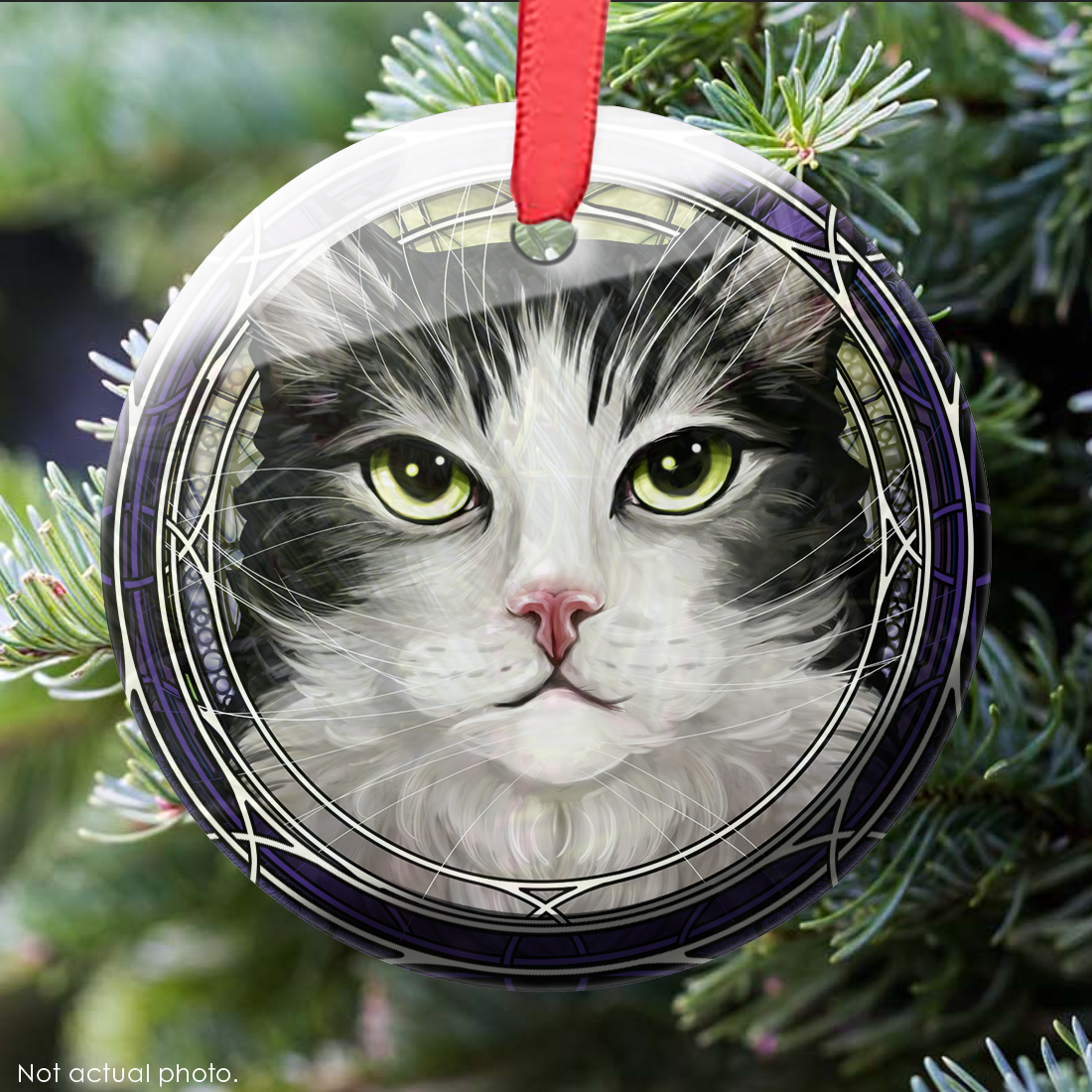 Tabby Tuxedo Shaggy Gray Glass Ornament