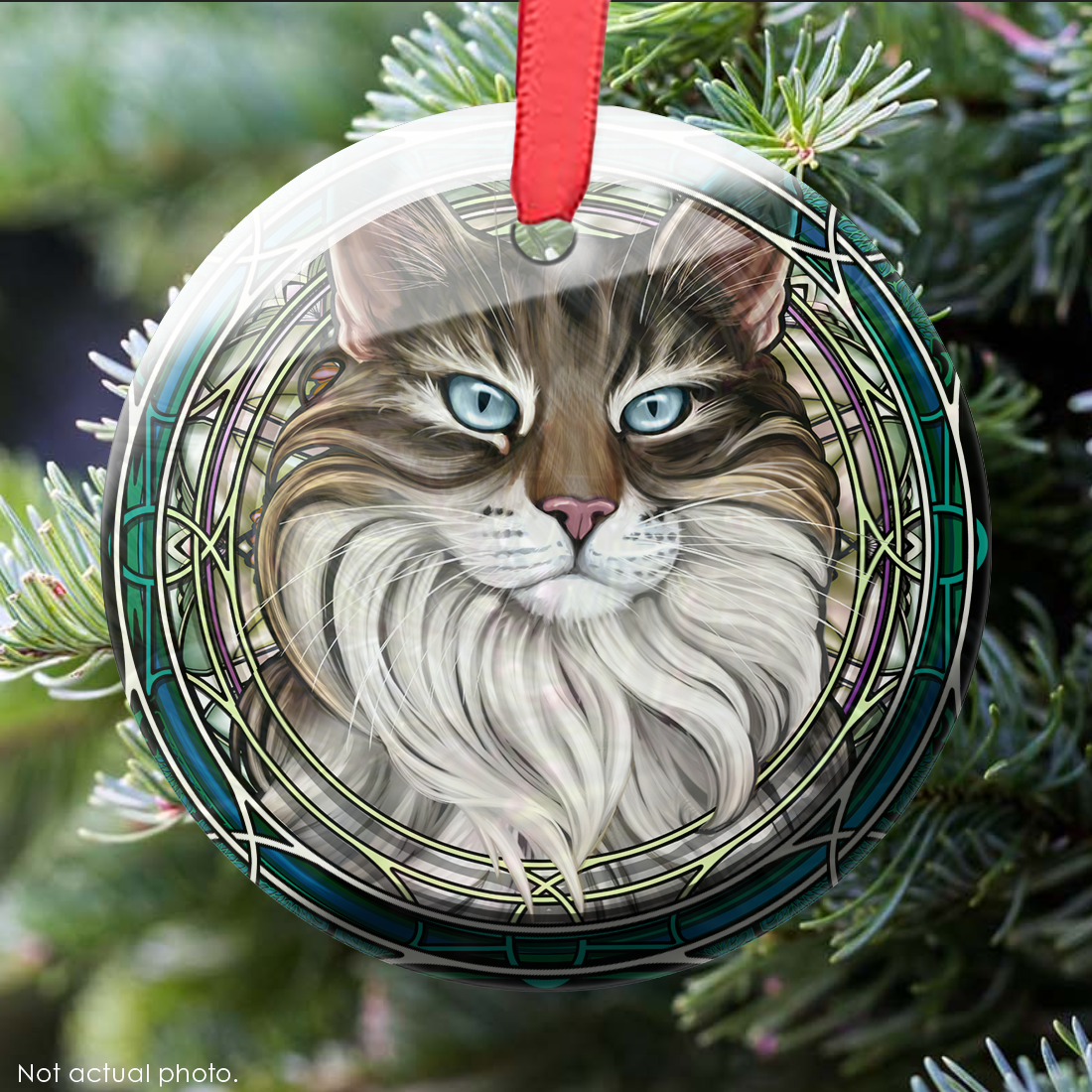 Tabby Tuxedo Extra-Longhair Brown Glass Ornament
