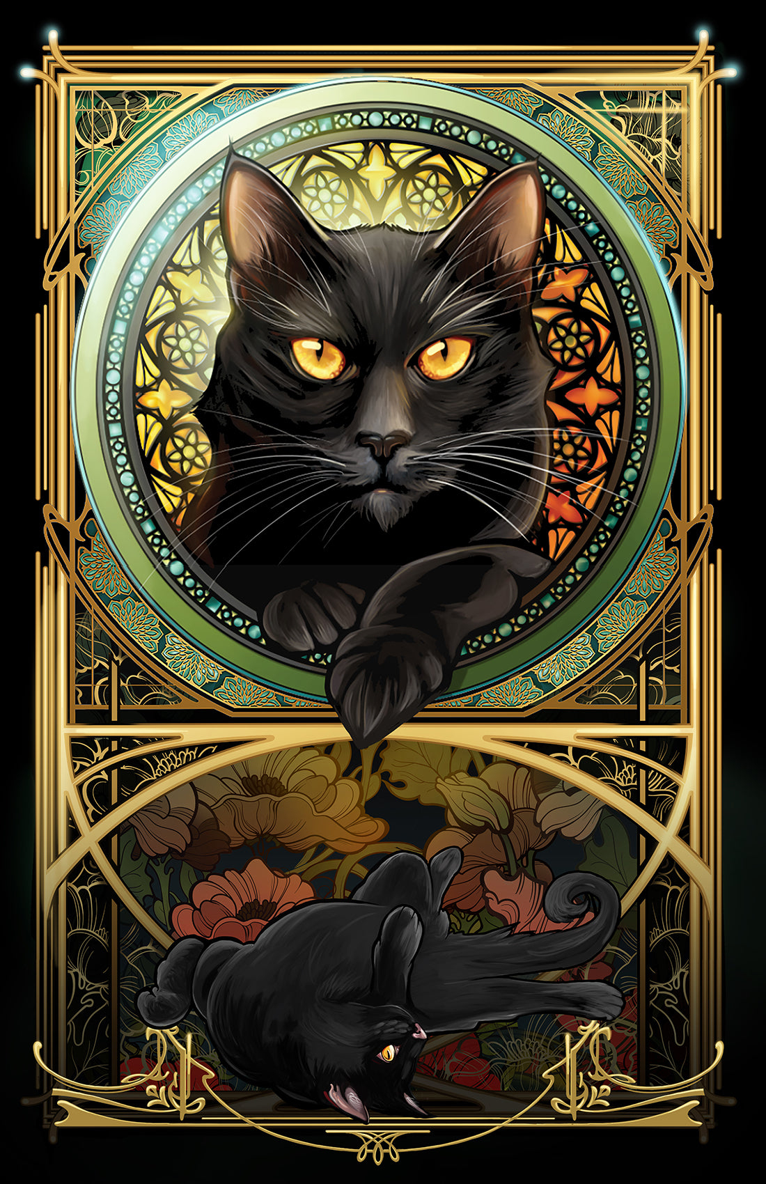 Black Cat - Harvest Rose Window Art Nouveau Print