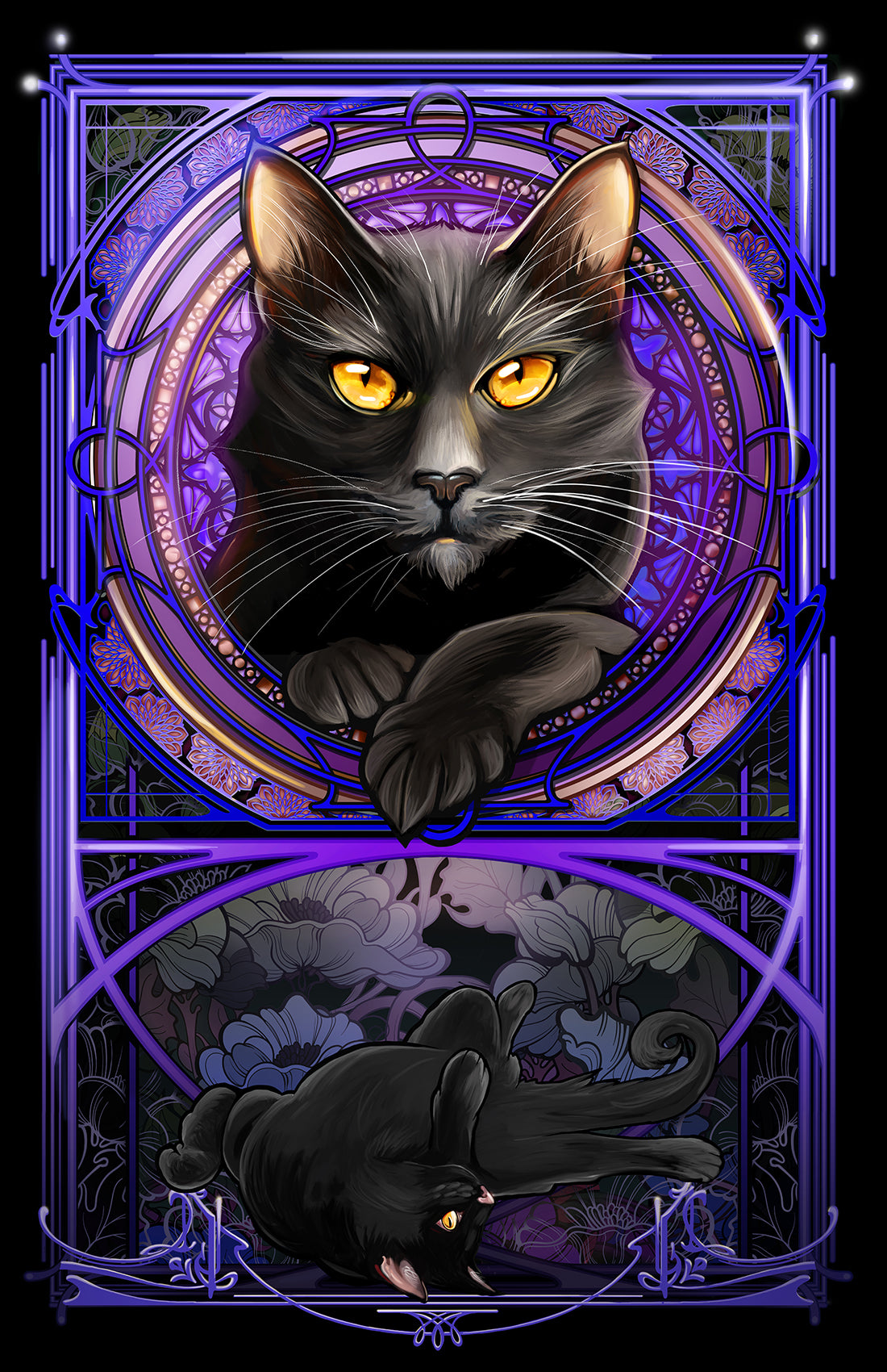 Black Cat - Purple Rose Window Art Nouveau Print