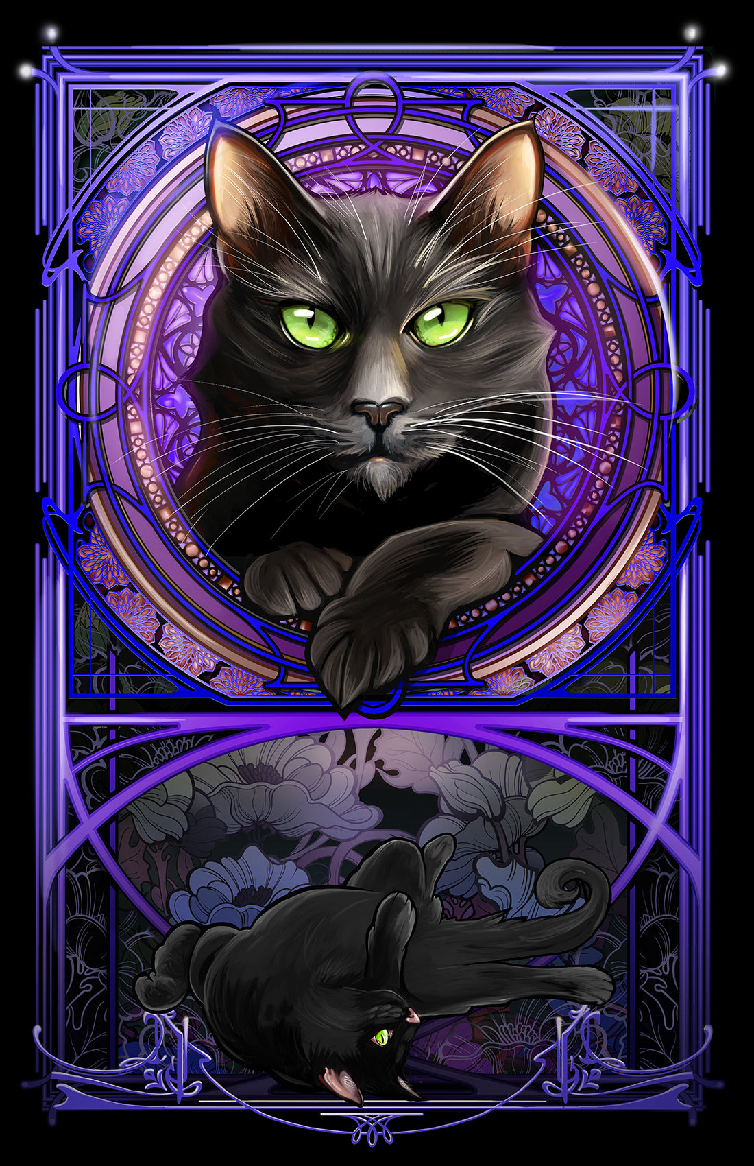 Black Cat - Purple Rose Window Art Nouveau Print