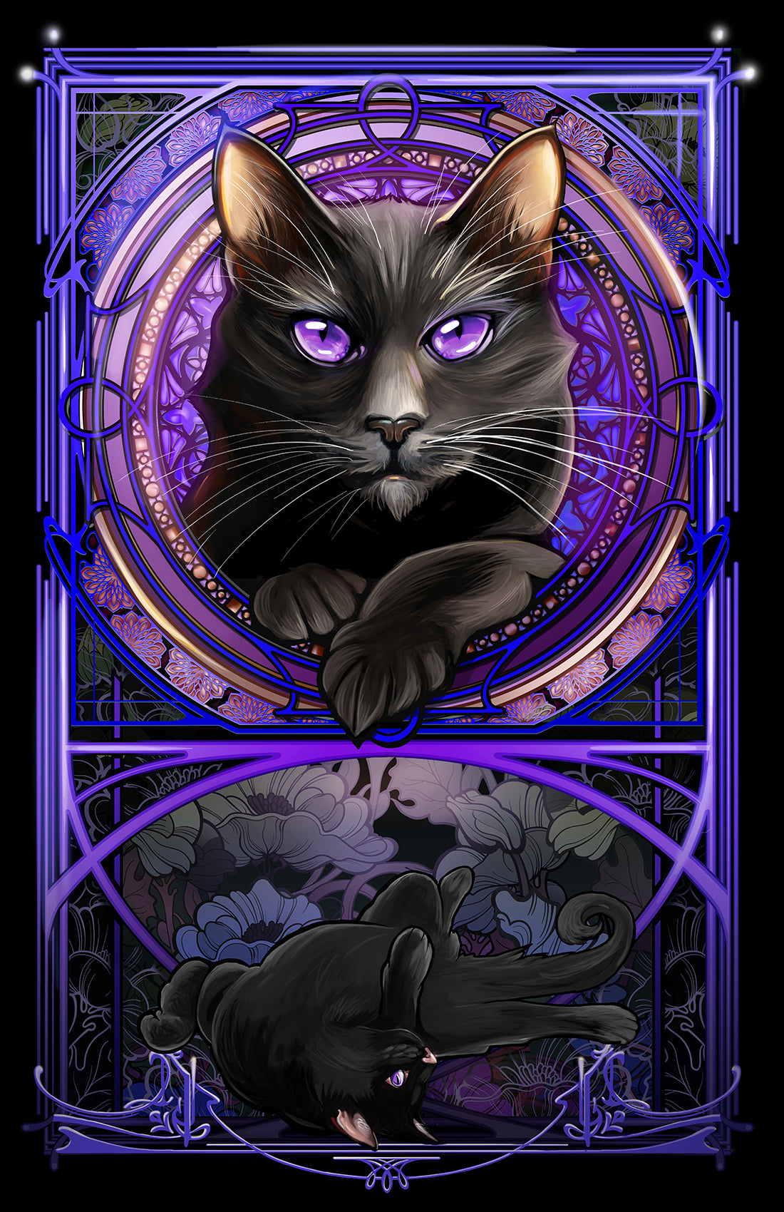 Black Cat - Purple Rose Window Art Nouveau Print