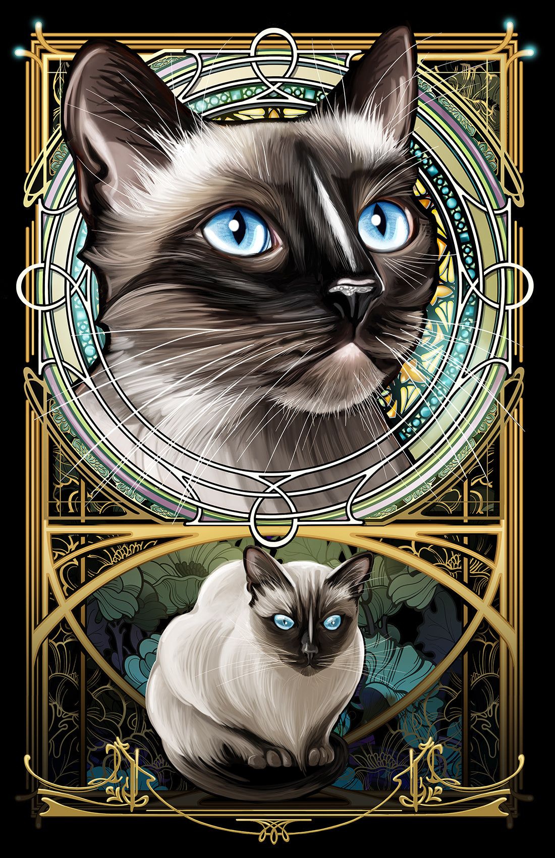 Gray Siamese White Stripe on Nose - Rose Window Art Nouveau Print