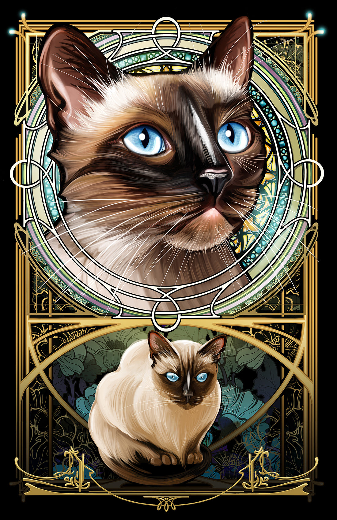 Brown Siamese White Striped Nose - Rose Window Art Nouveau Print