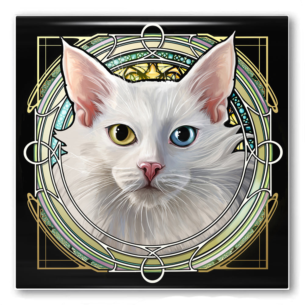 White Longhair Heterochromia - Rose Window Ceramic Coaster
