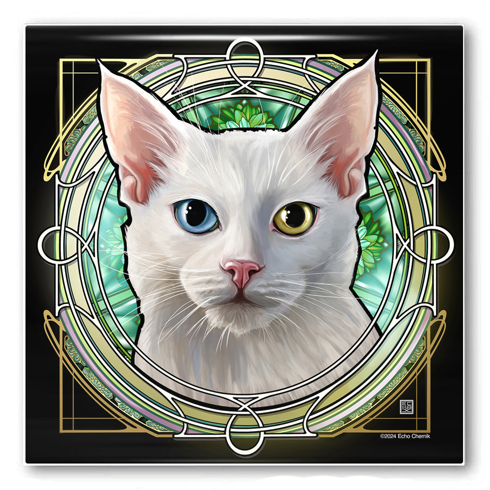 White Shorthair Heterochromia - Rose Window Ceramic Coaster