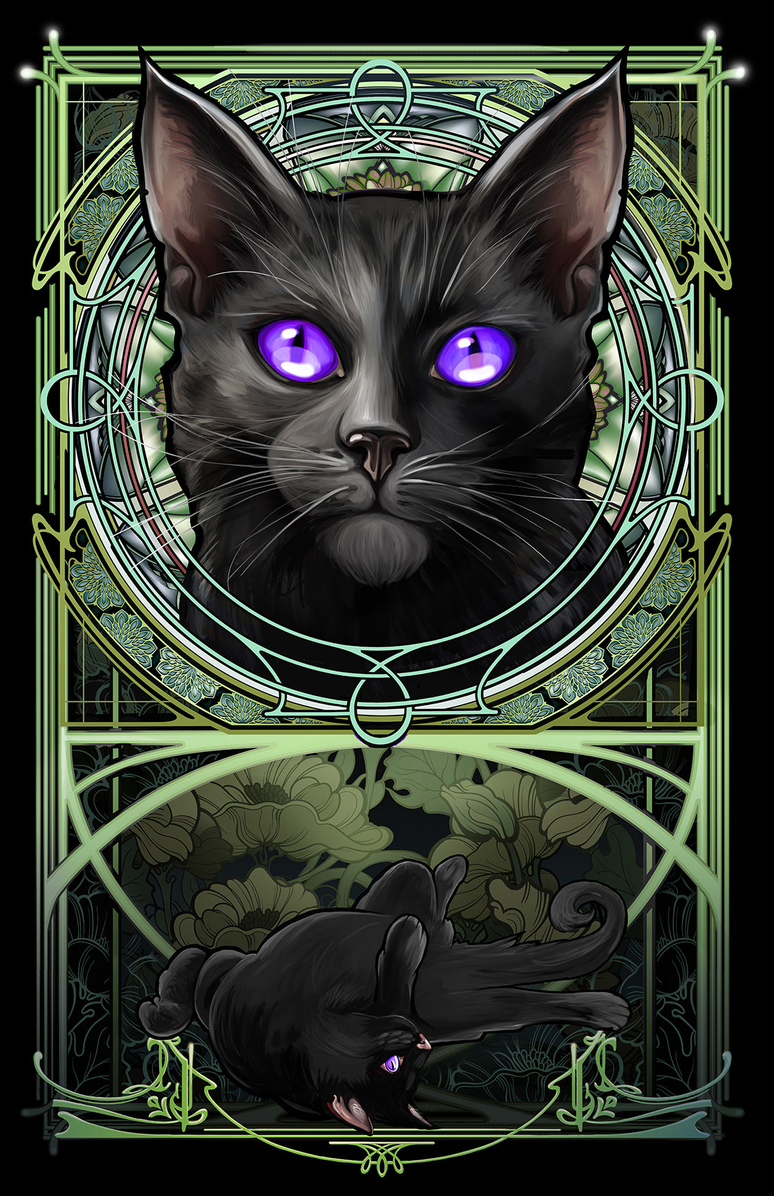 Black Kitten - Green Rose Window Art Nouveau Print