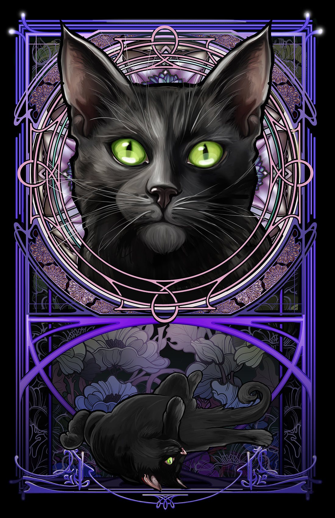 Black Kitten - Purple Rose Window Art Nouveau Print