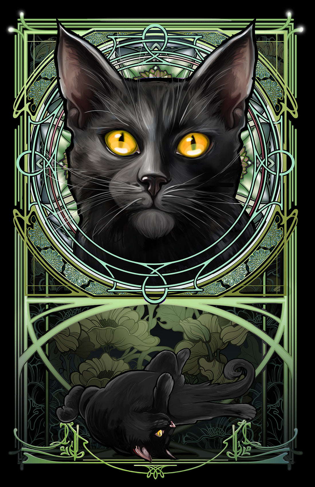 Black Kitten - Green Rose Window Art Nouveau Print