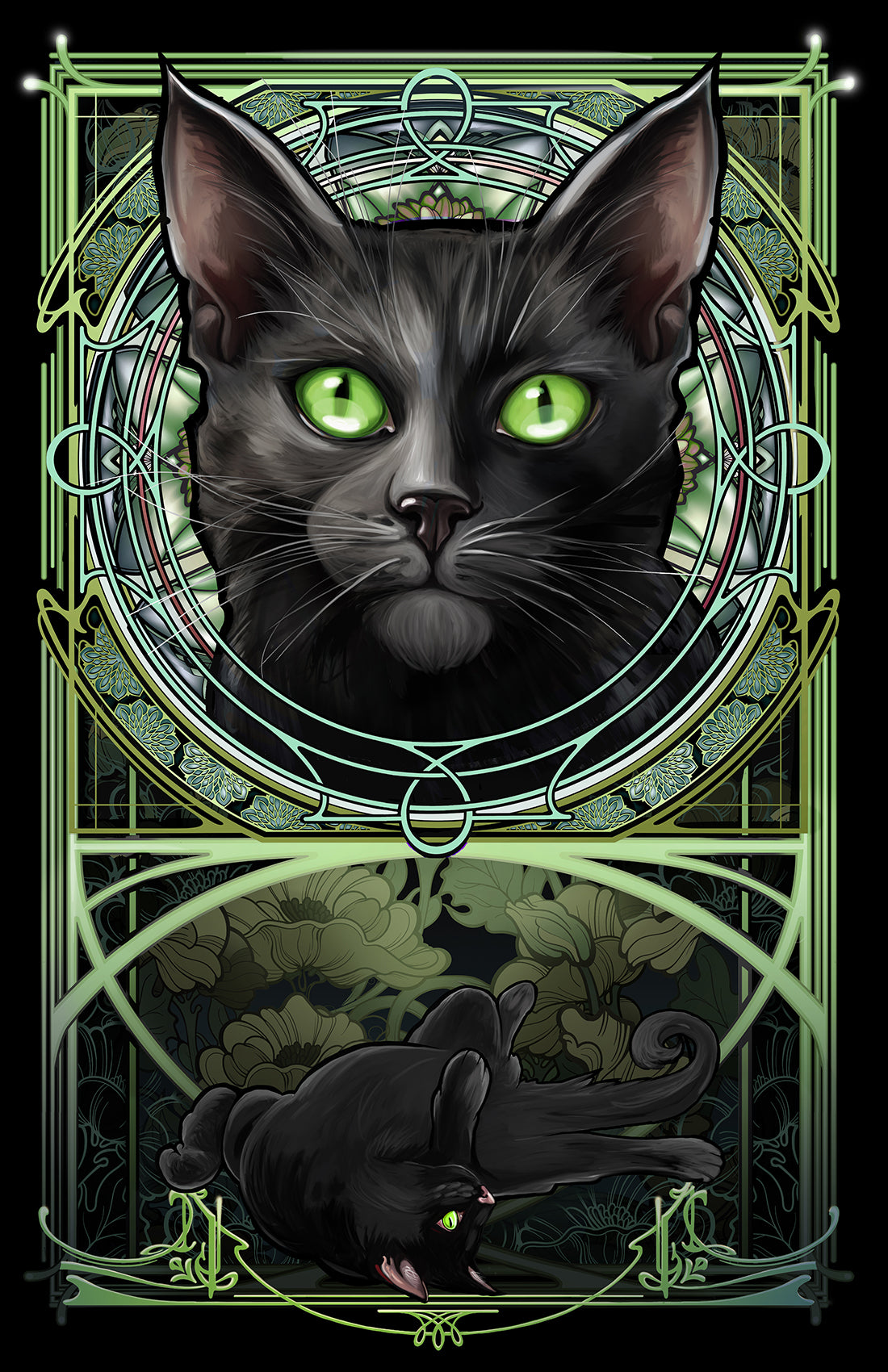 Black Kitten - Green Rose Window Art Nouveau Print