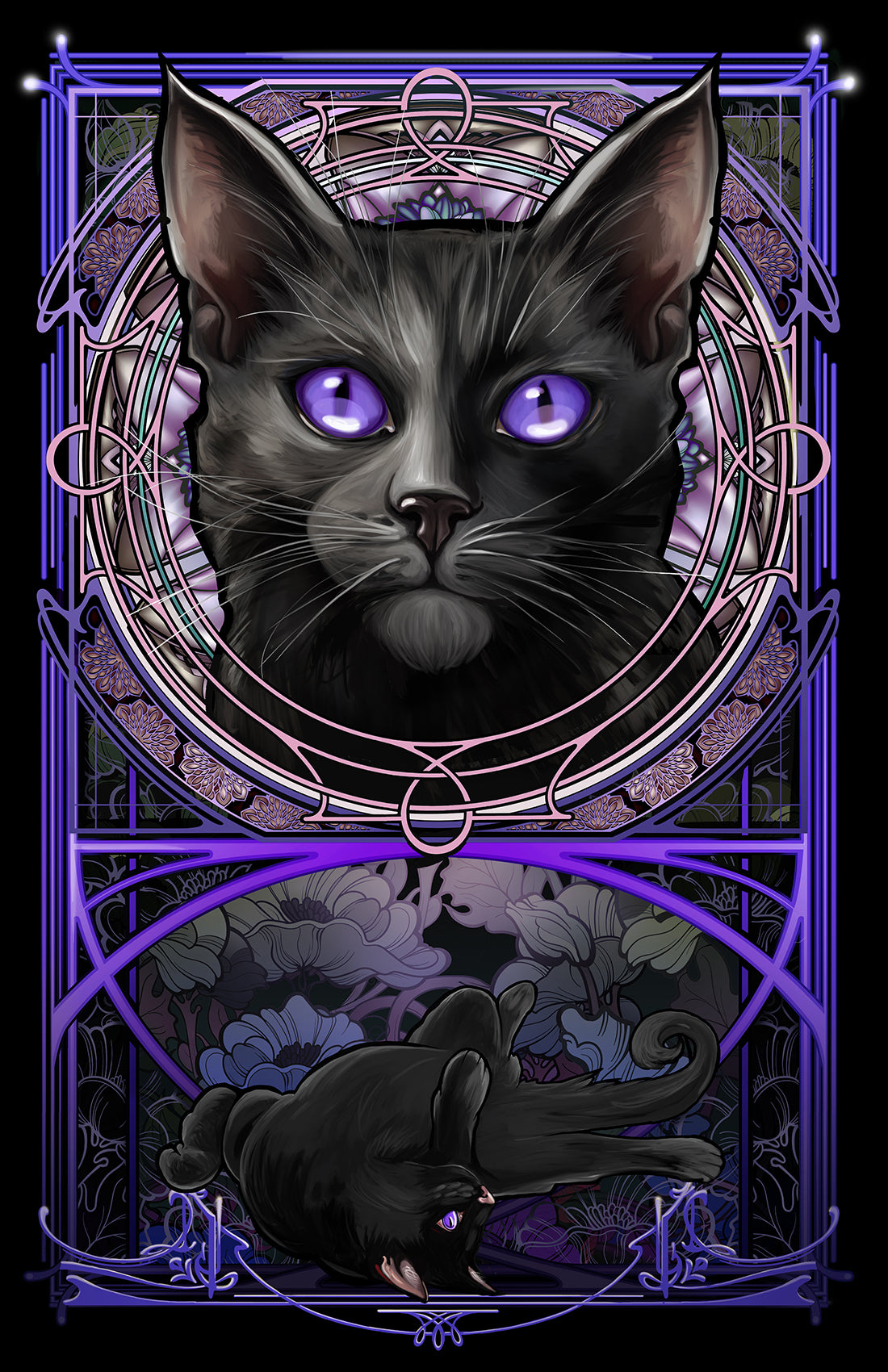Black Kitten - Purple Rose Window Art Nouveau Print