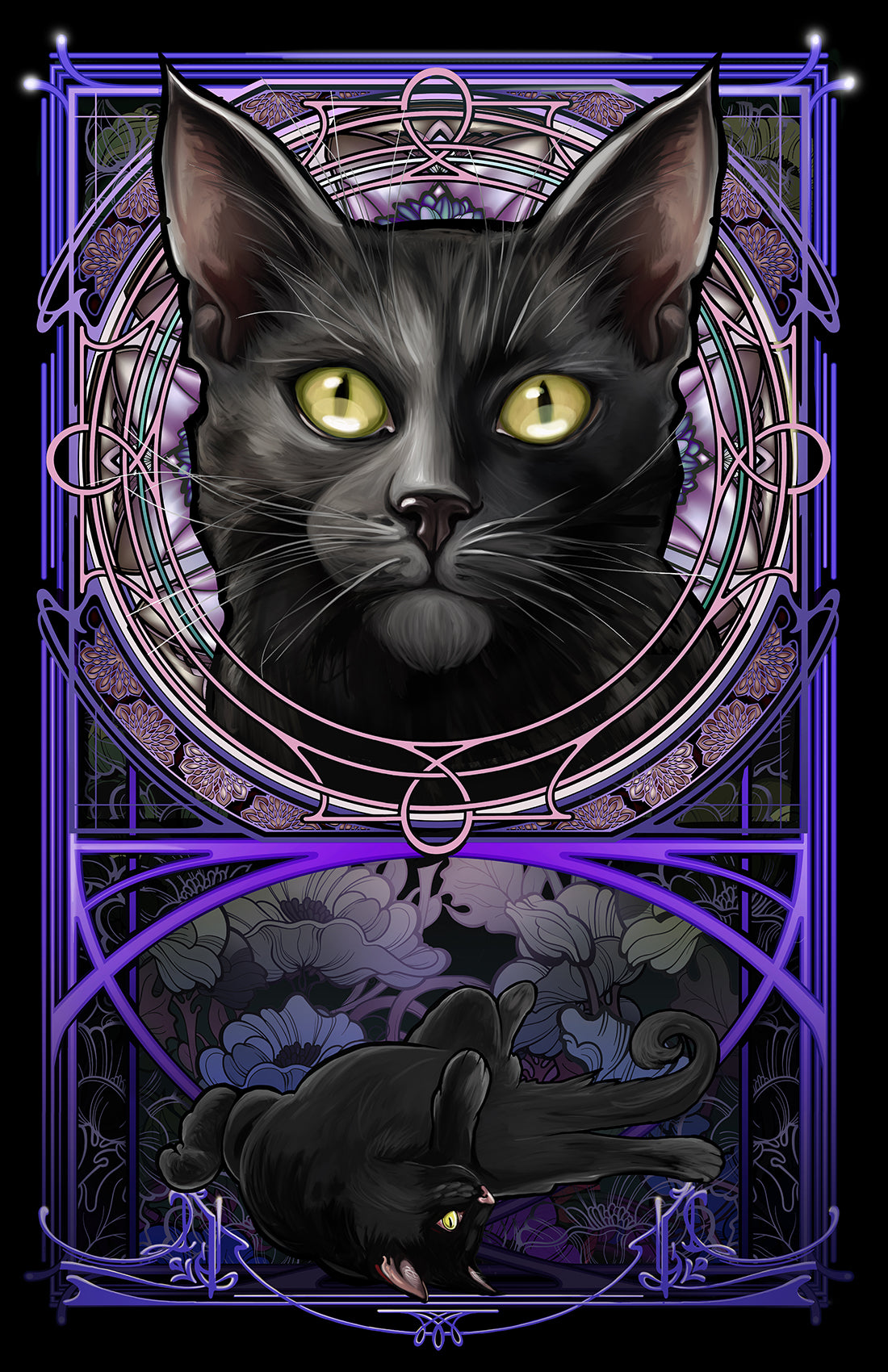 Black Kitten - Purple Rose Window Art Nouveau Print