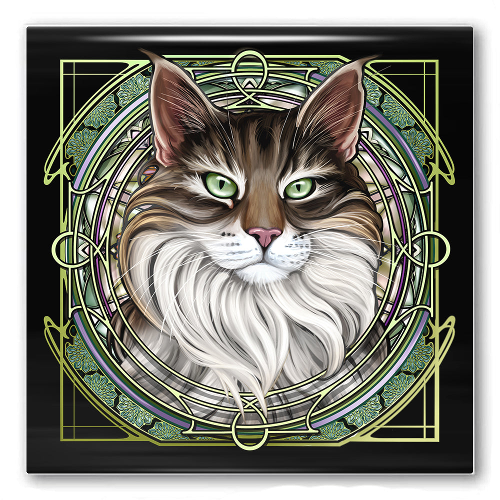 Maine Coon Tuxedo Brown - Rose Window Ceramic Coaster