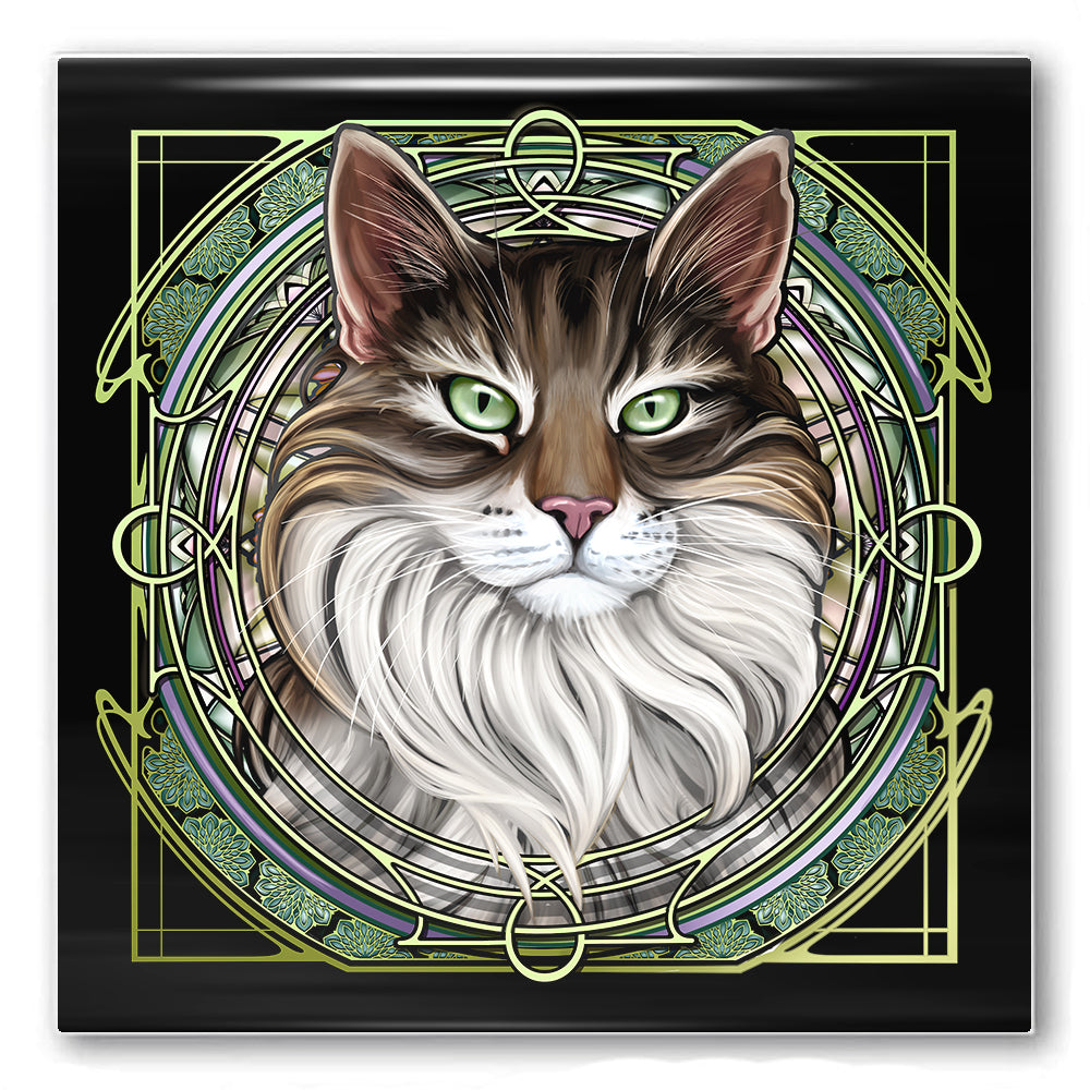 Tabby Tuxedo Extra-Longhair Brown - Rose Window Ceramic Coaster