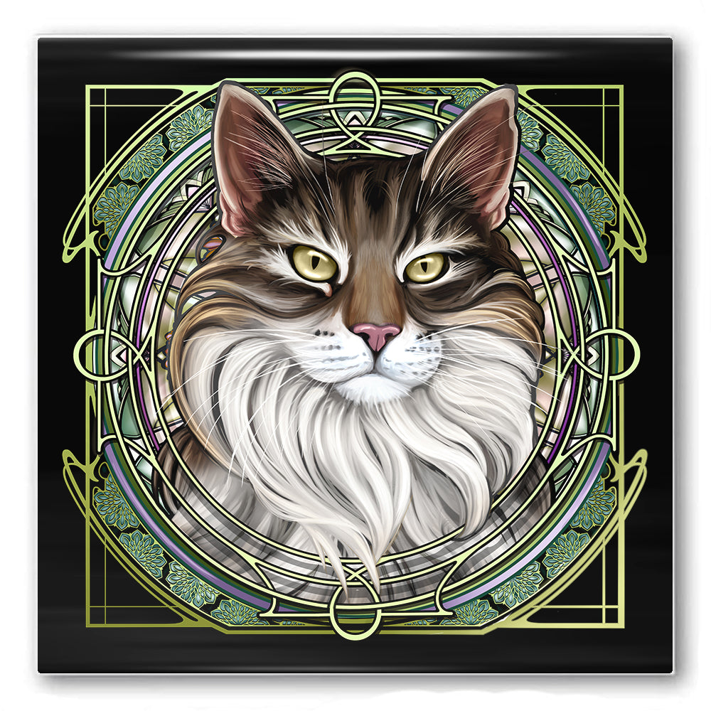Tabby Tuxedo Extra-Longhair Brown - Rose Window Ceramic Coaster