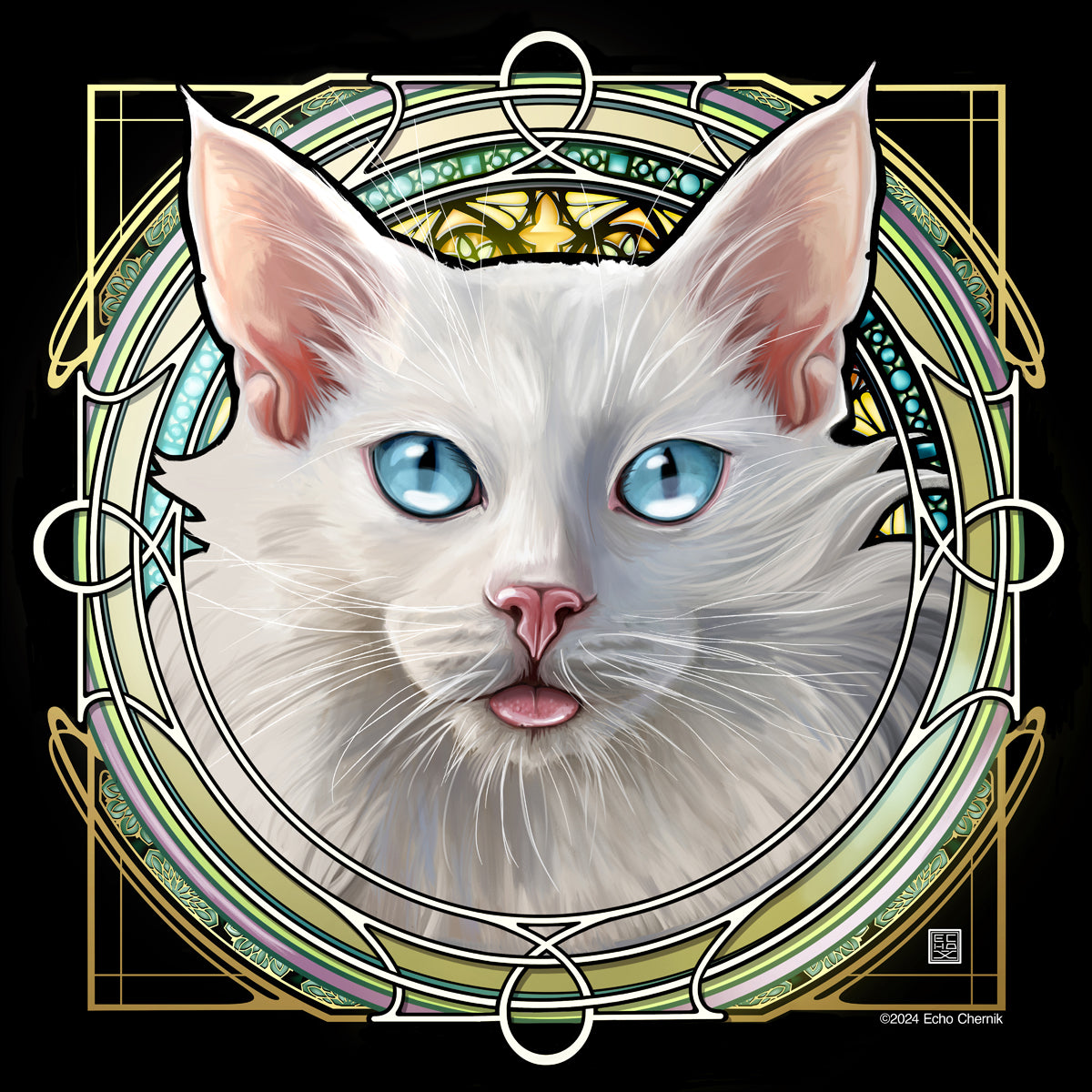 White Longhair Blep - Rose Window Print