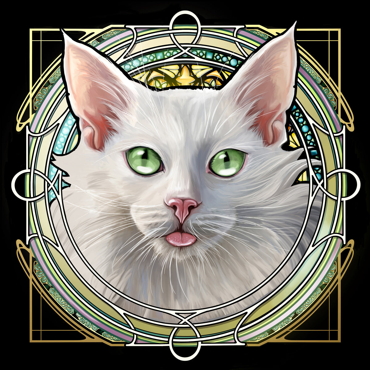 White Longhair Blep - Rose Window Print
