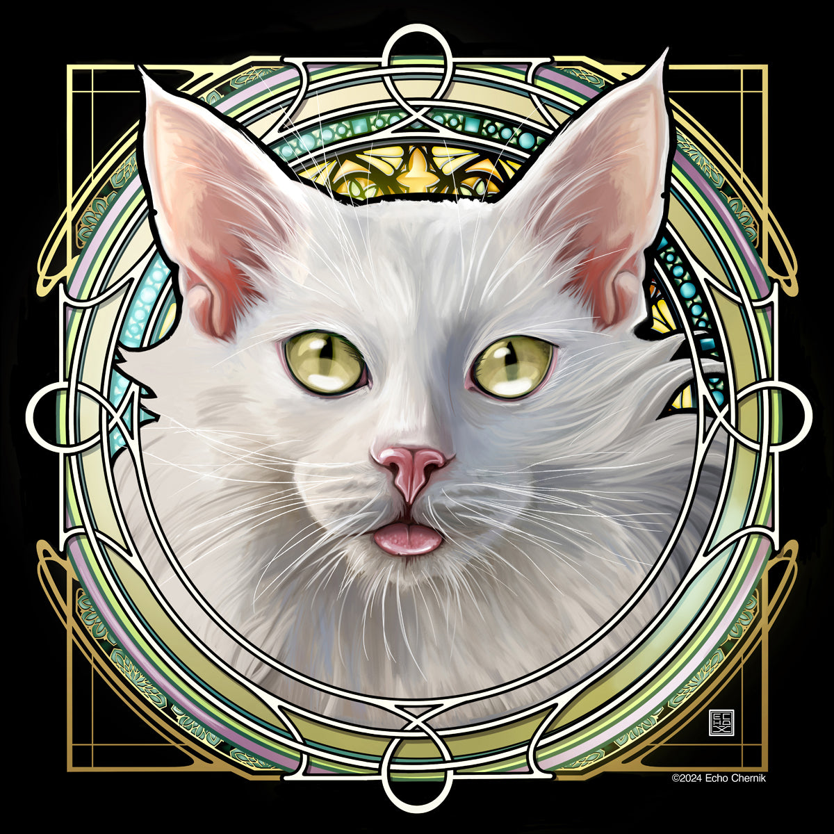 White Longhair Blep - Rose Window Print