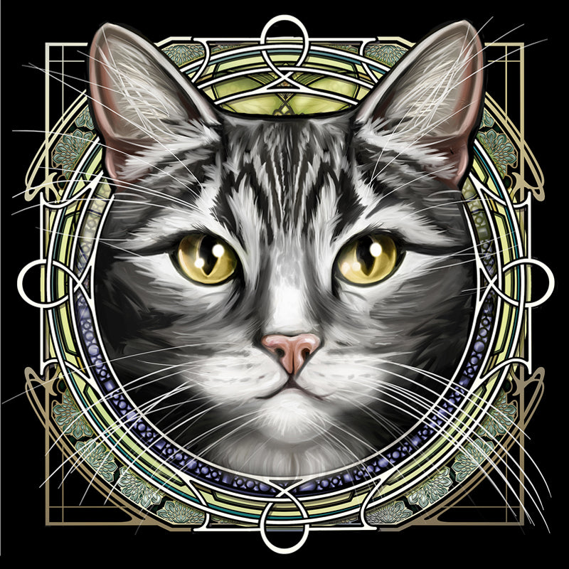 Gray Tabby with White Mouth - Rose Window Print
