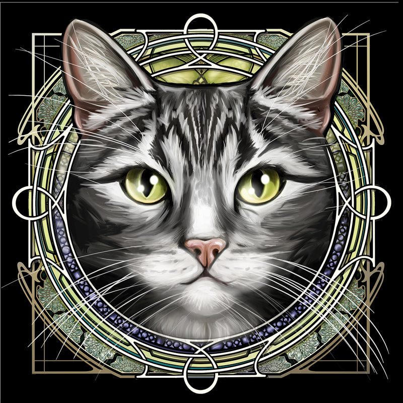 Gray Tabby with White Mouth - Rose Window Print