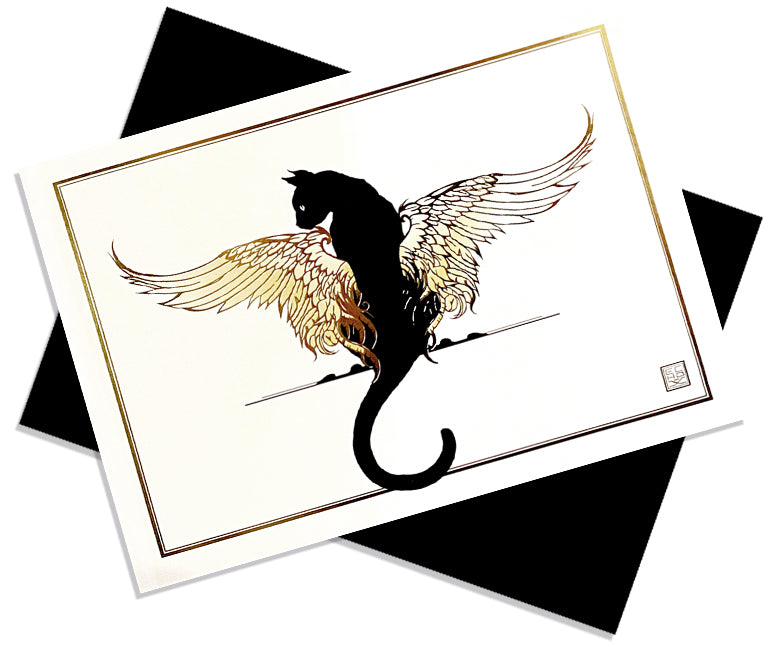Gold Foil Black Cat with Wings Greeting Card