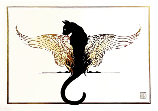 Gold Foil Black Cat with Wings Greeting Card