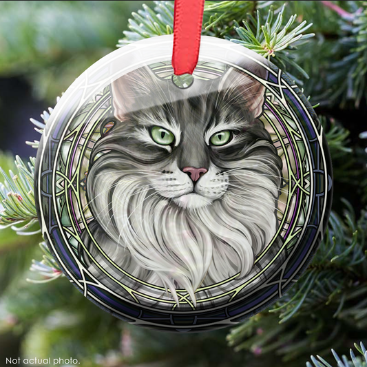 Tabby Tuxedo Extra-Longhair Gray Glass Ornament