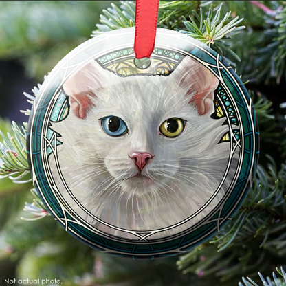 White Longhair Heterochromia Glass Ornament