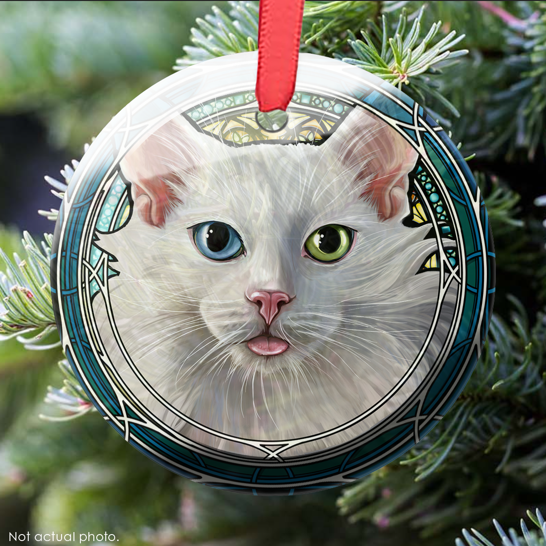 White Longhair Heterochromia Glass Ornament