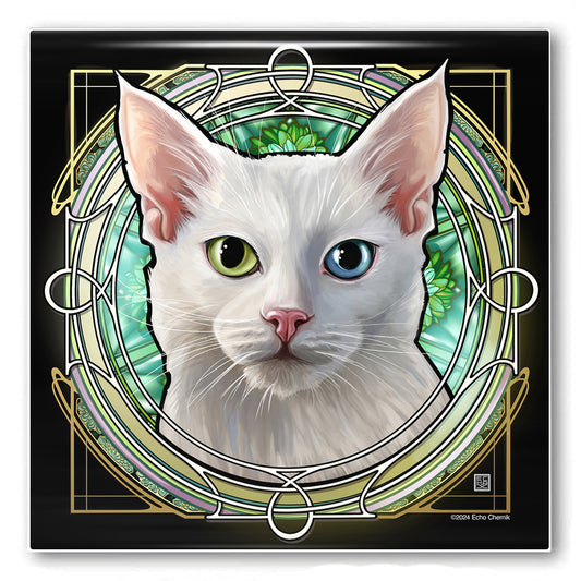 White Shorthair Heterochromia - Rose Window Ceramic Coaster