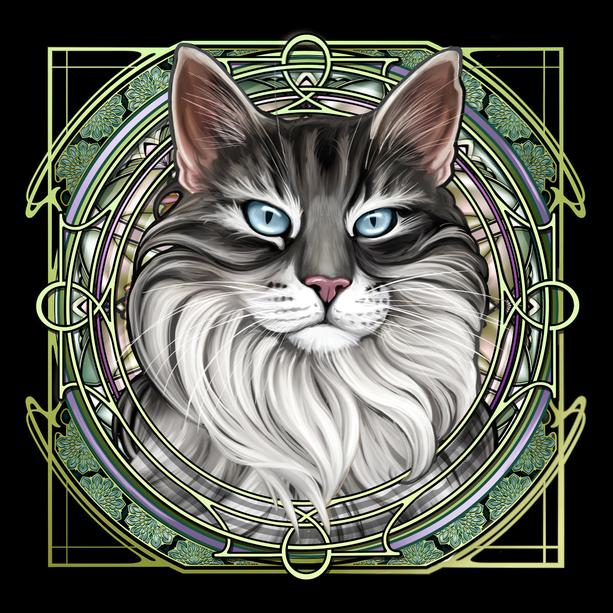 Gray Extra-Longhair Tabby Tux - Rose Window