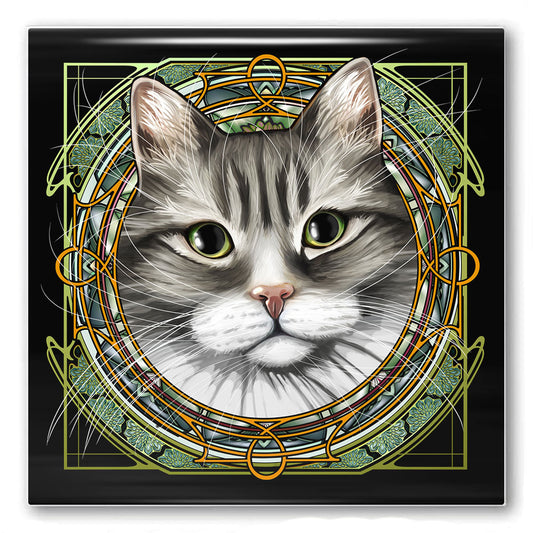 Tabby Tuxedo Gray Dragoneyes - Rose Window Ceramic Coaster