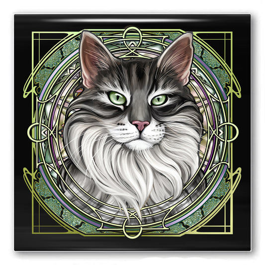 Tabby Tuxedo Extra-Longhair Gray - Rose Window Ceramic Coaster