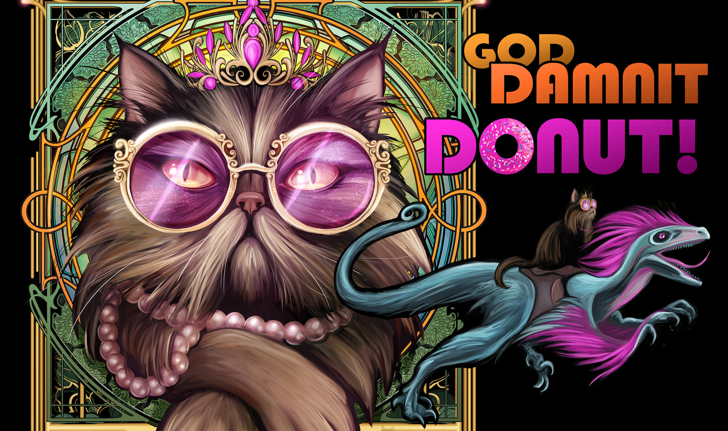 Goddamnit Donut! Playmat Fuzzy Texture PLUS Pin PLUS Medium Print PLUS Sticker